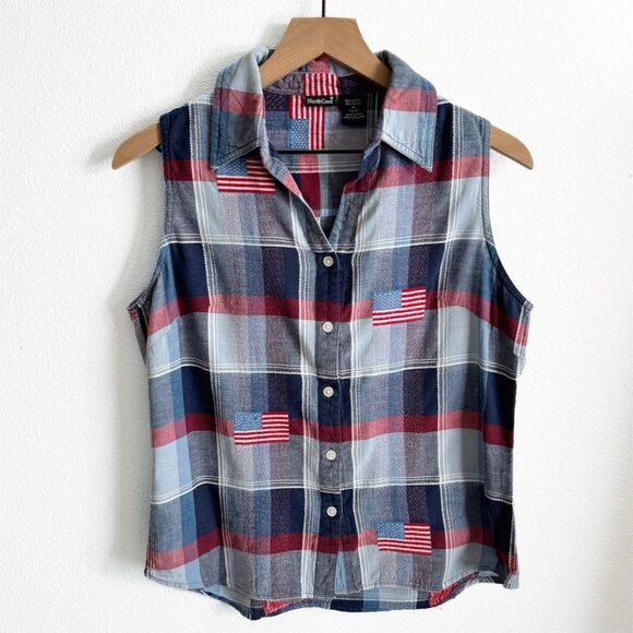 Vtg Patriotic Button Up Top Womens‎ Medium Plaid American Flag Embroidered USA - Picture 1 of 9